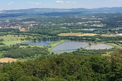Krajobraz z lotu ptaka: rozległe stawy podgórzyńskie otoczone zielenią, z miasteczkiem w tle i pagórkami w oddali.
