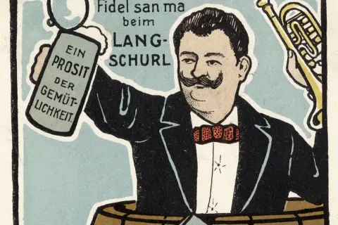 Mann mit Schnurrbart hebt Bierkrug und Trompete. "Ein Prosit der Gemütlichkeit!" – wer hat Bier erfunden?