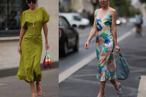 Kobiety prezentują inspiracje: jakie buty do letniej sukienki? Jedna w oliwkowej, druga w kwiecistej.