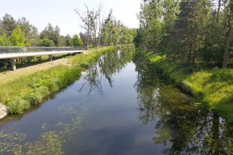 Piękny dzień na odkrywanie tras rowerowych w Bydgoszczy. Mostek nad kanałem, otoczony zielenią, zaprasza do przejażdżki.