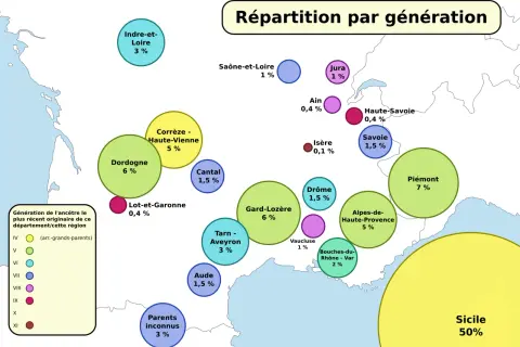Carte montrant la répartition par génération des origines ethniques, avec la Sicile dominant à 50%.