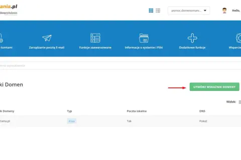 Panel DirectAdmin, gdzie można zarządzać wskaźnikami domen, tworzyć nowe lub edytować istniejące, np. mojadomena.pl.