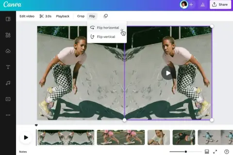 Jak zrobić odbicie lustrzane zdjęcia wideo w Canvie? Kliknij "Flip", a następnie "Flip horizontal", aby uzyskać efekt lustrzanego odbicia.
