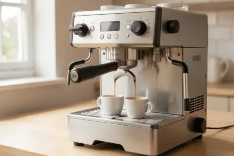Macchina da caffè in acciaio inox che eroga due espresso in tazze bianche. Se il caffè scende troppo veloce, forse la macinatura è troppo grossa.