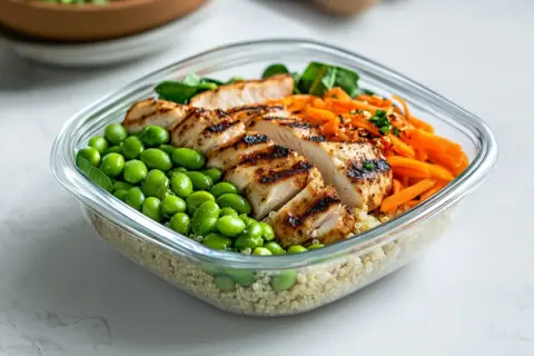Gesunde Ideen für das Mittagessen: Quinoa-Bowl mit gegrilltem Hähnchen, Edamame und Karotten.