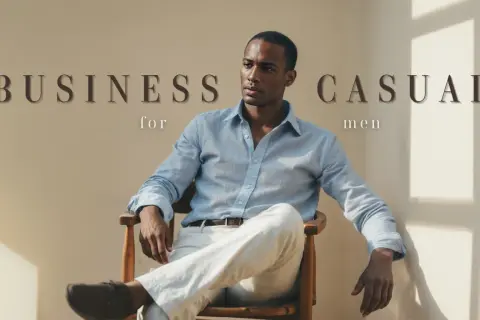 Uomo con camicia azzurra e pantaloni chiari, un look impeccabile per l'abbigliamento business casual.