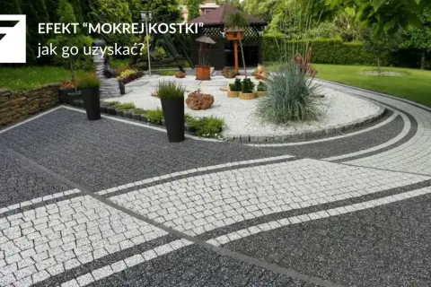 Nowoczesna ścieżka z kostki brukowej w odcieniach szarości i bieli, z elementami kamiennymi i zielenią.