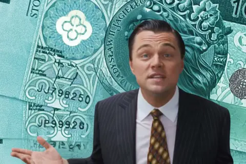 Leonardo DiCaprio w garniturze, na tle polskich banknotów 100 zł, sugeruje najbardziej opłacalne inwestycje.