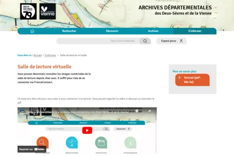 Archives départementales des Deux-Sèvres et de la Vienne : salle de lecture virtuelle pour consulter les documents numérisés.