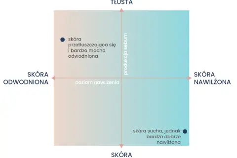 Wykres przedstawia typy skóry: odwodniona, tłusta, sucha i nawilżona. Jeden z punktów opisuje skórę przetłuszczającą się i bardzo mocno odwodnioną, co jest jednym z objawów odwodnienia.