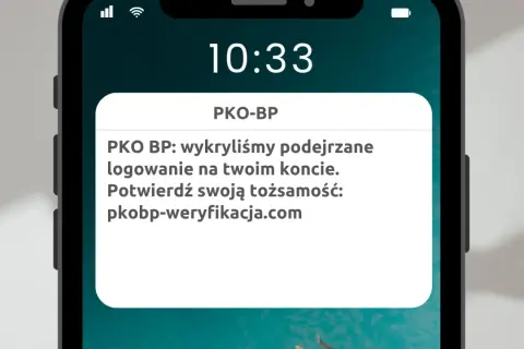 Ostrzeżenie o podejrzanym logowaniu PKO BP. To przykład smishingu, czyli oszustwa przez SMS. Nie klikaj w link!