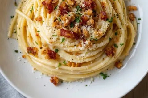 Un plat de tagliatelles carbonara crémeuses, garni de lardons croustillants, de parmesan râpé et de persil frais. Un délice italien.