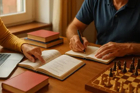 Apprendre et jouer aux échecs : des clés pour rester jeune après 50 ans. Un couple étudie et écrit, entouré de livres et d'un échiquier.