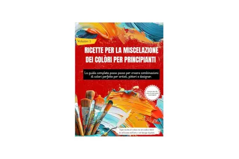Copertina libro "Ricette per la miscelazione dei colori per principianti". Pennelli e colori vibranti mostrano come si fa il rosso e altre sfumature.