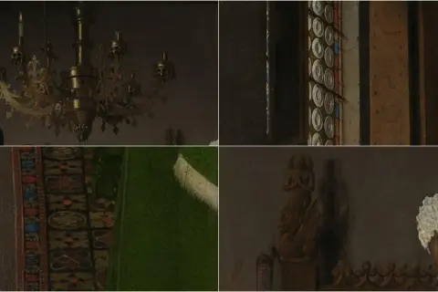 Detalles del matrimonio Arnolfini: candelabro, ventana, alfombra y escultura.