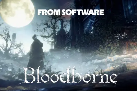 Postać w płaszczu pod wielką księżycem, logo Bloodborne i napis FROM SOFTWARE.