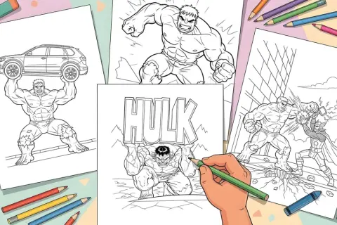 Dibujo de Hulk para colorear, levantando un coche, luchando contra Thor y con la palabra HULK. ¡A colorear!