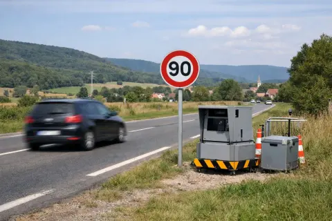Panneau 90, radar et voiture en mouvement. Attention, si vous roulez à 95, vous serez flashé !