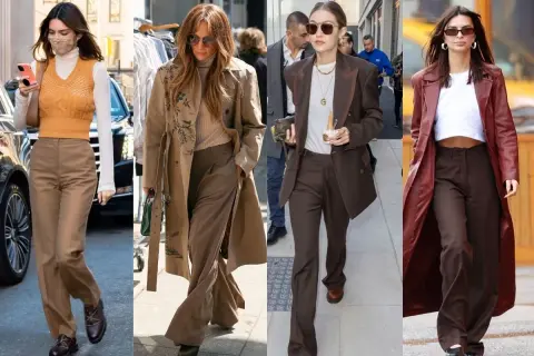 Kendall Jenner, Jennifer Lopez, Gigi Hadid i Emily Ratajkowski pokazują, co pasuje do brązowych spodni: swetry, płaszcze, garnitury i marynarki.