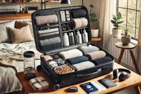 En öppen resväska med prydligt packade kläder, toalettartiklar och snacks. En perfekt packad överlevnadsväska för äventyret.