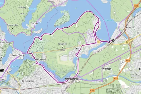 Karte zeigt eine Fahrradtour um den Wannsee und Sacrower See bei Berlin.