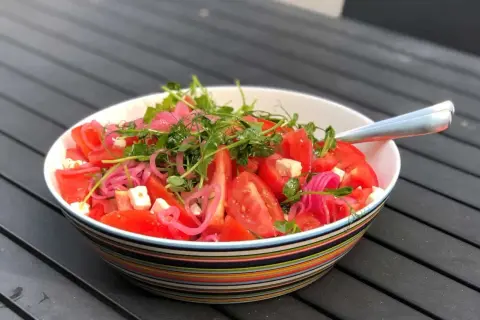 En skål med en färgglad tomatsallad med fetaost, rödlök och groddar. En god sallad till maten som ser fräsch och inbjudande ut.