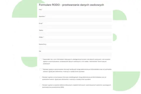 Formularz RODO: zgoda na przetwarzanie danych osobowych, dane kontaktowe, zgody marketingowe i handlowe.