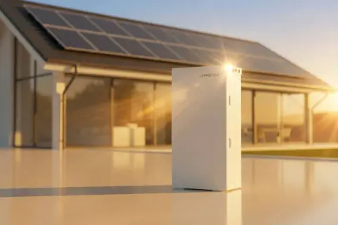 Nowoczesny magazyn energii Proton przy domu z panelami słonecznymi. Dofinansowanie do magazynu energii ułatwia inwestycję w zieloną energię.