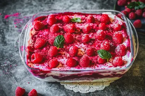 Himbeer Tiramisu in einer Glasform, garniert mit frischen Himbeeren und Minzblättern. Ein süßer Genuss!