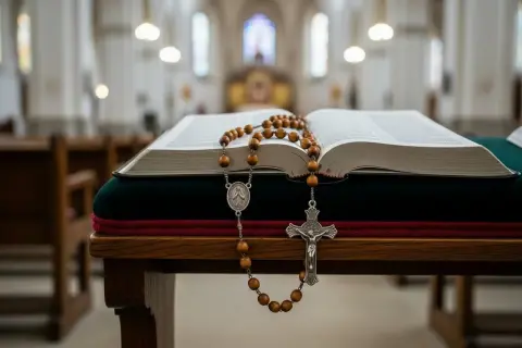 Otwarta księga i różaniec na ławce w kościele. Poniedziałkowe tajemnice różańca czekają na rozważenie.