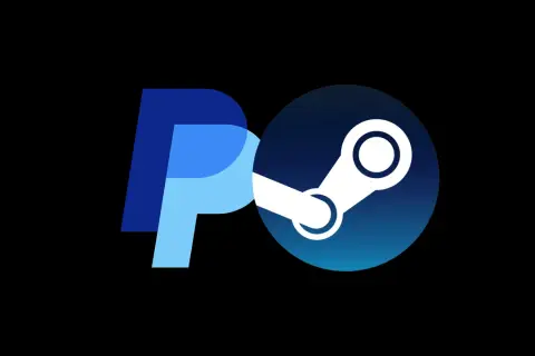 Logo PayPal połączone z logo Steam na czarnym tle.