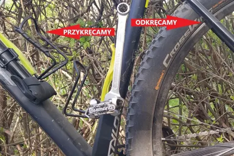 Klucz nasadowy przy pedale Shimano. Strzałki pokazują, jak dokręcić pedały w rowerze: "przykręcamy" i "odkręcamy".