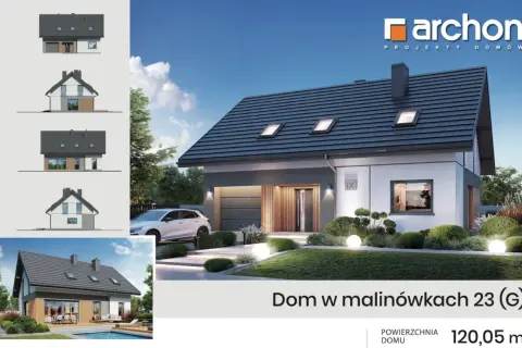 Projekt domu "Dom w malinówkach 23 (G)" o powierzchni 120 m². Sprawdź, jaki koszt budowy domu 120 m² jest realny.