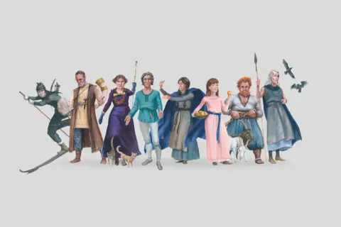 En illustration med flera figurer som ger fakta om asagudarna. En skidåkare, en man med horn, kvinnor i klänningar och män med djur och fåglar.
