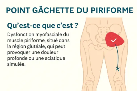 Illustration d'une douleur au muscle piriforme, située dans la région glutéale, pouvant causer une sciatique simulée.