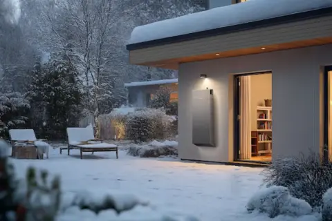 Un moderno sistema di riscaldamento per casa senza termosifoni, ideale per riscaldare casa senza termosifoni e senza spendere troppo, in un giardino innevato.