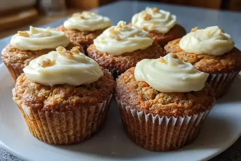 Sju saftiga morotskaka muffins med krämig frosting och hackade nötter. Perfekta för fikat!