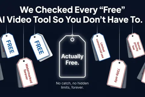 Tags for AI video generation tools in 2026 reveal hidden limitations. One tag says "Actually Free.
