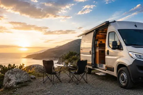Una autocaravana lista para la aventura, con sillas y mesa plegables frente al mar al atardecer. Las marcas de camper invitan a explorar.