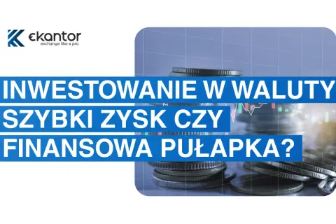 Inwestowanie w waluty: szybki zysk czy finansowa pułapka? Logo ekantor.pl i stosy monet na tle wykresów giełdowych. Akcje Nowa Europa.