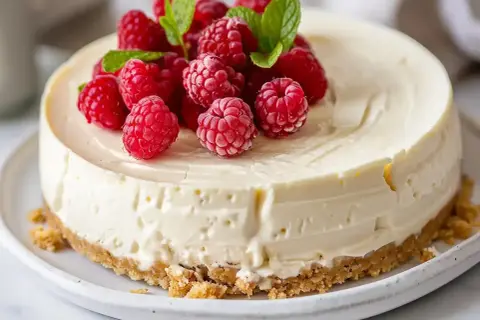 En krämig, fryst cheesecake toppad med färska hallon och mynta. Perfekt för en varm sommardag.