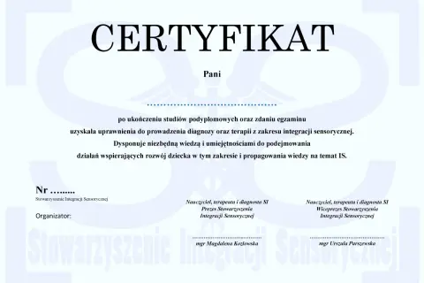 Certyfikat potwierdzający kwalifikacje do prowadzenia diagnozy i terapii z zakresu integracji sensorycznej. Dowiedz się, jak zostać terapeutą integracji sensorycznej.