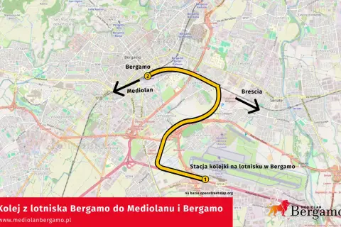 Trasa kolejowa z lotniska Bergamo do Mediolanu i Bergamo. Mapa pokazuje drogę z lotniska w Bergamo do Mediolanu.