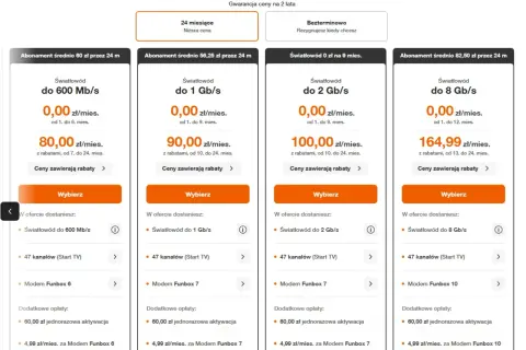 Porównanie ofert światłowodu: 600 Mb/s za 0 zł przez 6 mies., 1 Gb/s za 0 zł przez 9 mies., 2 Gb/s za 0 zł przez 9 mies., 8 Gb/s za 0 zł przez 12 mies. Sprawdź cenę światłowodu!