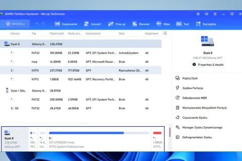 AOMEI Partition Assistant, program do naprawy dysku HDD, pokazuje partycje dysków 0 i 1.