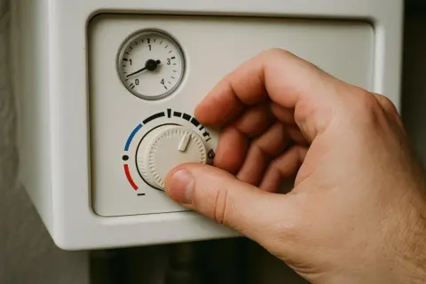 Dłoń kręci pokrętłem pieca gazowego, ustawiając jaka temperatura na piecu gazowym będzie najlepsza.