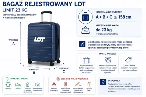 Bagaż rejestrowany LOT: limit 23 kg, wymiary A+B+C ≤ 158 cm. Sprawdź zasady przewozu, by uniknąć opłat.