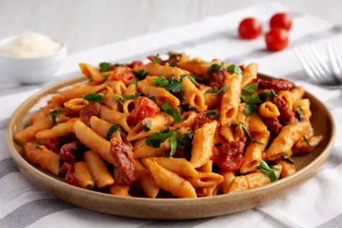 Penne z sosem pomidorowym i suszonymi pomidorami, posypane świeżą natką pietruszki. Idealne danie dla miłośników włoskich smaków.