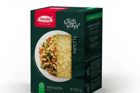 Pudełko makaronu Incola Pipette bez glutenu, z sugestią podania z warzywami. Idealny dla osób na diecie bezglutenowej.