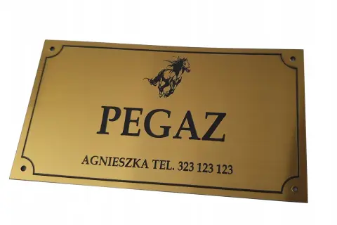 Złote tabliczki z imionami dla Pegaza i Agnieszki. Eleganckie tabliczki z numerem telefonu.